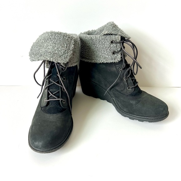 TIMBERLAND Earthkeepers Amston Sherpa Roll Top Black Wedge Boots—SZ. 8 - Picture 1 of 13